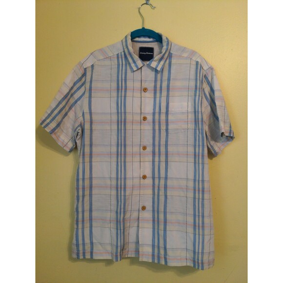 Tommy Bahama Silk Blend Shirt Short Sleeve Button Up Shirt Sz Small Plaid Beach - Picture 1 of 11
